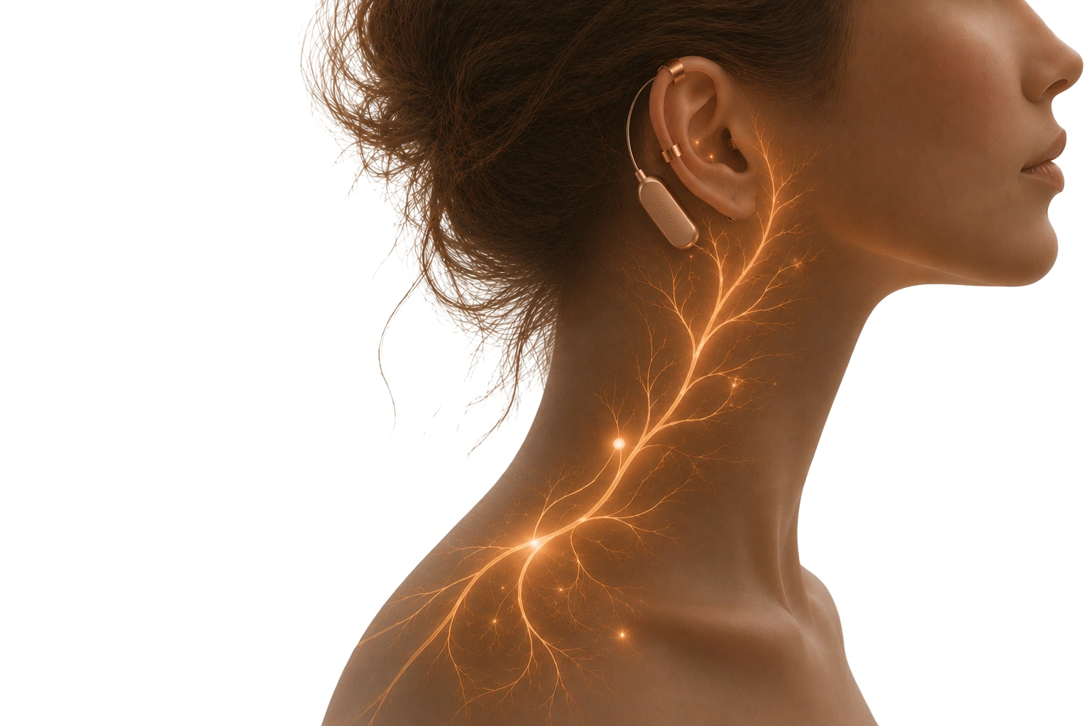REVIRA ONE device worn behind the ear with the vagus nerve illuminated along the neck