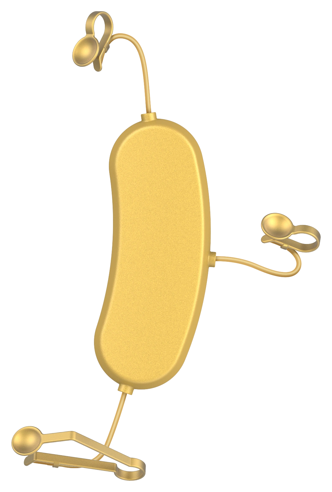 Gold REVIRA ONE device with a curved body and three flexible leads with ear clips