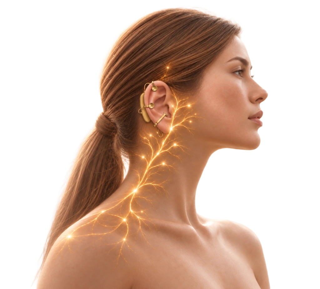 REVIRA ONE device worn behind the ear with the vagus nerve illuminated along the neck